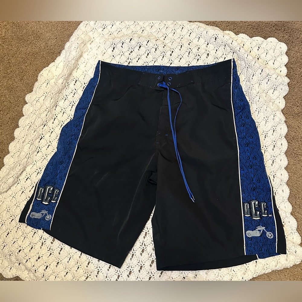 Men's Black and Blue Motorcycle Board Shorts